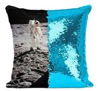 Fabulous Coussin avec Housse Sequin - Paillettes Turquoise Neil Armstrong Premier Pas Sur La Lune Astronaute [40 x 40 cm] Turquoise G