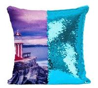Fabulous Coussin avec Housse Sequin - Paillettes Turquoise Phare Rouge et Blanc sur Falaise Soleil Couchant sur la Baie [40 x 40 cm] Turquoise G