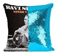 Fabulous Coussin avec Housse Sequin - Paillettes Turquoise Ravi Shankar Sitar Virtuoso [40 x 40 cm] Turquoise G