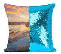 Fabulous Coussin avec Housse Sequin - Paillettes Turquoise Soleil Couchant sur une Plage à Marée Basse [40 x 40 cm] Turquoise G