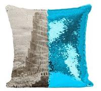 Fabulous Coussin avec Housse Sequin - Paillettes Turquoise Tour De Babel Turris Babel Athanasius Kircher [40 x 40 cm] Turquoise G