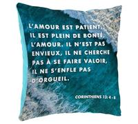 Fabulous Coussin en Peluche Bleu - l'amour Est Patient Corinthiens Bible Verset Citation Religion Spiritualité - 40 x 40 cm - Toucher Peluche - Housse et Coussin Inclus