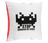 Fabulous Coussin en Peluche Rouge - Stop Invading My Space Parodie Jeux Video Retro Gaming Arcade - 40 x 40 cm - Toucher Peluche - Housse et Coussin Inclus