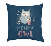 Fabulous Coussin en Velours Bleu - Mommy Owl and Her Baby Drawing Illustration - 40 x 40 cm - Toucher Velours - Housse et Coussin Inclus