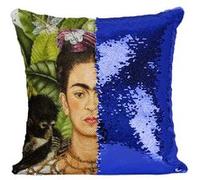 Fabulous Housse de Coussin à Sequin - Paillettes Bleu Autoportrait de Frida Kahlo Chat et Singe [40 x 40 cm] Bleu G