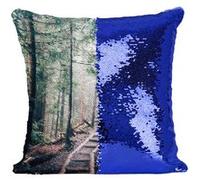 Fabulous Housse de Coussin à Sequin - Paillettes Bleu Chemin de Rondins Dans une Foret de Pin [40 x 40 cm] Bleu G