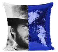 Fabulous Housse de Coussin à Sequin - Paillettes Bleu Clint Eastwood Cowboy 8 [40 x 40 cm] Bleu G