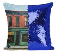Fabulous Housse de Coussin à Sequin - Paillettes Bleu Early Sunday Morning Edward Hopper [40 x 40 cm] Bleu G