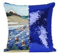 Fabulous Housse de Coussin à Sequin - Paillettes Bleu Hokusai Estampe Mont Fuji Depuis Kanaya [40 x 40 cm] Bleu G