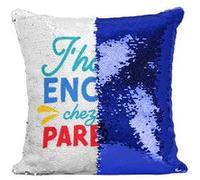 Fabulous Housse de Coussin à Sequin - Paillettes Bleu J'habite Encore Chez Mes Parents [40 x 40 cm] Bleu G