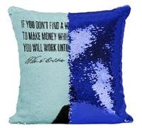 Fabulous Housse de Coussin à Sequin - Paillettes Bleu Make Money Citation Anglais Warren Buffet [40 x 40 cm] Bleu G