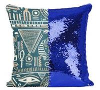 Fabulous Housse de Coussin à Sequin - Paillettes Bleu Motif Hieroglyphes Egyptiens Sombre [40 x 40 cm] Bleu G