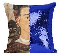 Fabulous Housse de Coussin à Sequin - Paillettes Bleu Peinture de Frida Kahlo Autoportrait [40 x 40 cm] Bleu G
