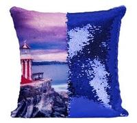 Fabulous Housse de Coussin à Sequin - Paillettes Bleu Phare Rouge et Blanc sur Falaise Soleil Couchant sur la Baie [40 x 40 cm] Bleu G