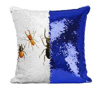 Fabulous Housse de Coussin à Sequin - Paillettes Bleu Scarabées Planches Insectes Biologie Illustration Ancienne