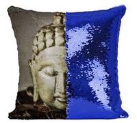 Fabulous Housse de Coussin à Sequin - Paillettes Bleu Sculpture Tête de Bouddha en Pierre Style Japonnais [40 x 40 cm] Bleu G