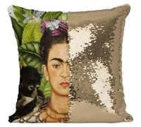 Fabulous Housse de Coussin à Sequin - Paillettes Doré Autoportrait de Frida Kahlo Chat et Singe [40 x 40 cm] Doré G