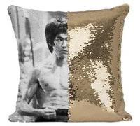 Fabulous Housse de Coussin à Sequin - Paillettes Doré Bruce Lee Kung Fu Noir & Blanc [40 x 40 cm] Doré G