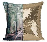 Fabulous Housse de Coussin à Sequin - Paillettes Doré Chemin de Rondins Dans une Foret de Pin [40 x 40 cm] Doré G
