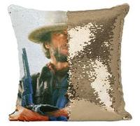 Fabulous Housse de Coussin à Sequin - Paillettes Doré Clint Eastwood Cowboy 4 [40 x 40 cm] Doré G