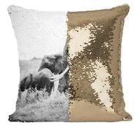 Fabulous Housse de Coussin à Sequin - Paillettes Doré Éléphant et Éléphanteau dans la Brousse [40 x 40 cm] Doré G