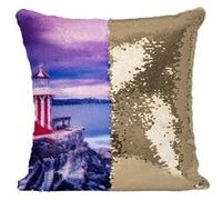 Fabulous Housse de Coussin à Sequin - Paillettes Doré Phare Rouge et Blanc sur Falaise Soleil Couchant sur la Baie [40 x 40 cm] Doré G