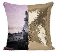 Fabulous Housse de Coussin à Sequin - Paillettes Doré Soleil Couchant sur la Tour de Belem Lisbonne [40 x 40 cm] Doré G