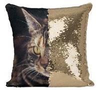 Fabulous Housse de Coussin à Sequin - Paillettes Doré Sublime Chat Tigre Grands Yeux Jaunes [40 x 40 cm] Doré G