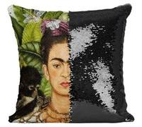 Fabulous Housse de Coussin à Sequin - Paillettes Noir Autoportrait de Frida Kahlo Chat et Singe [40 x 40 cm] Noir G