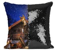Fabulous Housse de Coussin à Sequin - Paillettes Noir Creche Jesus Noel Rois Mages [40 x 40 cm] Noir G