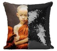 Fabulous Housse de Coussin à Sequin - Paillettes Noir Enfants Moines Bouddhiste [40 x 40 cm] Noir G