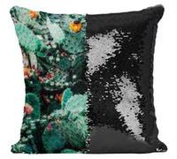 Fabulous Housse de Coussin à Sequin - Paillettes Noir Opuntia en Fleur Cactus Raquette en Fleur [40 x 40 cm] Noir G