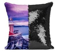 Fabulous Housse de Coussin à Sequin - Paillettes Noir Phare Rouge et Blanc sur Falaise Soleil Couchant sur la Baie [40 x 40 cm] Noir G