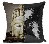 Fabulous Housse de Coussin à Sequin - Paillettes Noir Sculpture Tête de Bouddha en Pierre Style Japonnais [40 x 40 cm] Noir G