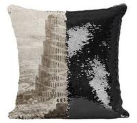 Fabulous Housse de Coussin à Sequin - Paillettes Noir Tour De Babel Turris Babel Athanasius Kircher [40 x 40 cm] Noir G