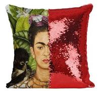 Fabulous Housse de Coussin à Sequin - Paillettes Rouge Autoportrait de Frida Kahlo Chat et Singe [40 x 40 cm] Rouge G