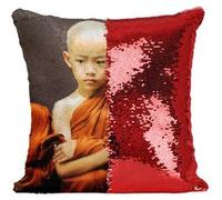 Fabulous Housse de Coussin à Sequin - Paillettes Rouge Enfants Moines Bouddhiste [40 x 40 cm] Rouge G