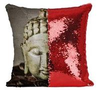 Fabulous Housse de Coussin à Sequin - Paillettes Rouge Sculpture Tête de Bouddha en Pierre Style Japonnais [40 x 40 cm] Rouge G