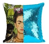Fabulous Housse de Coussin à Sequin - Paillettes Turquoise Autoportrait de Frida Kahlo Chat et Singe [40 x 40 cm] Turquoise G