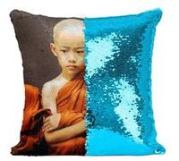 Fabulous Housse de Coussin à Sequin - Paillettes Turquoise Enfants Moines Bouddhiste [40 x 40 cm] Turquoise G
