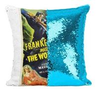 Fabulous Housse de Coussin à Sequin - Paillettes Turquoise Frankenstein Meets the Wolf Man Cinéma Vintage [40 x 40 cm] Turquoise G