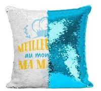 Fabulous Housse de Coussin à Sequin - Paillettes Turquoise La Meilleure Chef au Monde c'est ma Maman [40 x 40 cm] Turquoise G