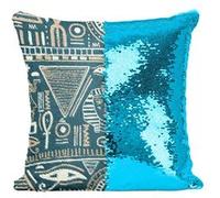 Fabulous Housse de Coussin à Sequin - Paillettes Turquoise Motif Hieroglyphes Egyptiens Sombre [40 x 40 cm] Turquoise G