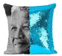 Fabulous Housse de Coussin à Sequin - Paillettes Turquoise Nelson Mandela Portrait [40 x 40 cm] Turquoise G