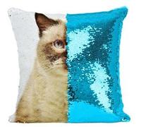 Fabulous Housse de Coussin à Sequin - Paillettes Turquoise Portrait Magnifique Chat Siamois Persan [40 x 40 cm] Turquoise G