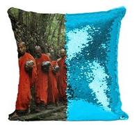 Fabulous Housse de Coussin à Sequin - Paillettes Turquoise Procession de Moines Bouddhiste dans la Foret [40 x 40 cm] Turquoise G