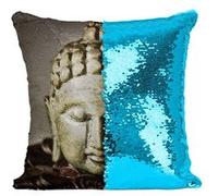 Fabulous Housse de Coussin à Sequin - Paillettes Turquoise Sculpture Tête de Bouddha en Pierre Style Japonnais [40 x 40 cm] Turquoise G