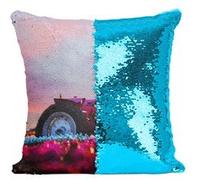 Fabulous Housse de Coussin à Sequin - Paillettes Turquoise Tracteur Agricole dans un Champ de Tulipe [40 x 40 cm] Turquoise G