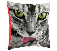 Fabulous Housse de Coussin en Peluche Rouge - Chat Tigré Faisant sa Toilette Noir&Blanc Yeux Vert Langue Rose Animaux - 40 x 40 cm Toucher Peluche