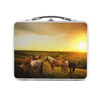 Fabulous Lunch Box Métal Argenté pour Sandwich et Snack - Chevaux Sauvage devant Forêt et Soleil Levant Paysage Nature - Boîte à Goûter Aluminium Gamelle Rigide Style Rétro Imprimée en France